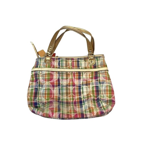 COACH Tote Shoulder Bag Poppy Multi Madras Signature Pastel Plaid Sequins - Picture 3 of 14